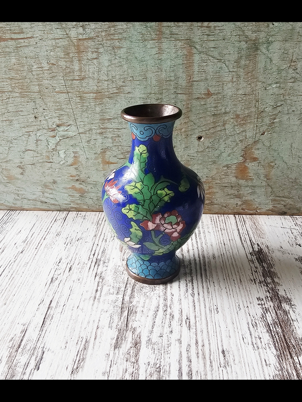 Vintage Chinese Cloisonne Miniature Vase Enamel Brass Floral Blue 4"